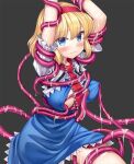  1girl alice_margatroid ascot bdsm blonde_hair blue_dress bondage bound breasts capelet dress frilled_ascot frilled_dress frills grey_background hairband looking_at_viewer nagiyamasugi puffy_short_sleeves puffy_sleeves red_hairband scared sexual_harassment short_hair short_sleeves solo tears tentacles thighs touhou wet white_capelet 