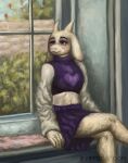  anthro blush clothed clothing detailed_background digital_media_(artwork) digital_painting_(artwork) female full-length_portrait fur hi_res horn mature_female portrait purple_clothing red_eyes smile solo thick_thighs toriel undertale undertale_(series) white_body white_fur yiffcorp 
