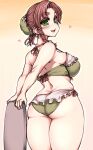  1girl alternate_hair_length alternate_hairstyle ass back bikini blush commentary_request frilled_bikini frills gradient_background green_bikini green_eyes green_headwear haseru_(ginku_mh) hat_ornament highres hong_meiling looking_at_viewer open_mouth orange_background red_hair short_hair smile solo star_(symbol) star_hat_ornament swimsuit touhou 