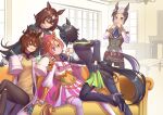  5girls agnes_tachyon_(umamusume) animal_ears aokocha ascot belt black_hair blue_eyes blush bracer brown_eyes brown_hair closed_mouth coat colored_inner_hair couch covering_mouth crown empty_eyes face-to-face fingerless_gloves flask flower flying_sweatdrops fuji_kiseki_(umamusume) gloves grey_hair hair_between_eyes hair_flower hair_ornament half-closed_eyes hand_on_another&#039;s_chin hand_on_own_hip hand_up hands_over_own_mouth hands_up high_heels highres horse_ears horse_girl horse_tail indoors jacket jewelry lab_coat leaning_back leaning_forward long_bangs long_hair long_sleeves looking_at_another medium_hair mejiro_ryan_(umamusume) multicolored_hair multiple_girls on_couch on_one_knee open_clothes open_coat open_mouth pants puffy_long_sleeves puffy_sleeves purple_eyes red_eyes ring round-bottom_flask seductive_smile shirt shoes short_hair sirius_symboli_(umamusume) sitting sleeves_past_fingers sleeves_past_wrists smile standing sweater t.m._opera_o_(umamusume) tail test_tube textless_version thighhighs two-tone_hair umamusume very_long_hair vest white_coat white_hair yuri zettai_ryouiki 