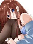  1girl :t absurdres bare_shoulders black_thighhighs blue_bra blue_cardigan blue_eyes blush bra breasts brown_hair cardigan cheek_press closed_mouth commentary_request eyebrows_hidden_by_hair frilled_bra frills from_side furrowed_brow go-toubun_no_hanayome hair_down head_on_knee highres knee_up large_breasts leaning_forward long_hair long_sleeves looking_at_viewer mame1645 nakano_miku shiny_clothes sidelocks simple_background sitting solo straight_hair thighhighs thighs underwear white_background 
