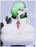  3d_(artwork) 4_fingers anthro big_breasts bom39 braless breasts cleavage clothed clothing digital_media_(artwork) eyelashes female fingers gardevoir generation_3_pokemon gesture green_body green_hair hair headgear headwear hi_res huge_breasts jewelry makeup multicolored_body nintendo open_mouth pokemon pokemon_(species) purple_clothing purple_eyes solo tight_clothing tight_topwear tongue tongue_out topwear two_tone_body v_sign watermark 