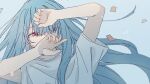  1girl alternate_costume arm_up bags_under_eyes blue_background blurry commentary_request confetti covering_mouth depth_of_field dutch_angle grey_shirt hair_over_one_eye half-closed_eyes hand_over_own_mouth hand_up hands_on_own_face highres kotonoha_aoi light_particles long_hair looking_at_viewer red_eyes sayonaka_megumo shirt short_sleeves sidelocks simple_background solo straight-on t-shirt upper_body very_long_hair voiceroid 