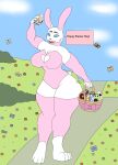  anthro big_breasts big_butt blue_eyes breasts butt curvy_figure dialogue easter easter_egg female female/female flat_colors hi_res holding_object holidays lagomorph leporid looking_at_viewer mammal photolol.03 rabbit simple_background solo text thick_thighs voluptuous wide_hips 