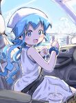  1girl absurdres blue_eyes blue_hair blue_sky bracelet car_interior cloud commentary_request commission cup disposable_cup dress head_scarf highres ikamusume jewelry long_dress long_hair ocean open_mouth pointing pov reo_(salmomomon) shinryaku!_ikamusume skeb_commission sky smile solo tentacle_hair wcdonald&#039;s white_dress 