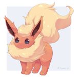  all_fours blue_eyes flareon fluffy full_body highres ibusaki_(ivu) looking_ahead parted_lips pokemon pokemon_(creature) red_fur simple_background solo square twitter_username yellow_fur 