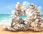 1boy abioticmeat abs absurdres animal_hands arknights bara barefoot beach bird claws cloud cup drink eyewear_on_head furry furry_male highres holding holding_cup holding_drink looking_at_viewer male_focus mountain_(arknights) multiple_scars ocean pectorals ponytail scar scar_across_eye scar_on_arm scar_on_face scar_on_hand scar_on_leg scar_on_stomach seagull shore sky solo sunglasses topless_male underwear waves 