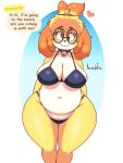  absurd_res animal_crossing anthro bikini blonde_hair breasts canid canine canis cleavage clothed clothing derpybelle domestic_dog eyewear female glasses hair hi_res jhenightfox mammal nintendo shih_tzu solo swimwear thick_thighs toy_dog yellow_body 