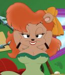  anthro bear clothing dress ear_piercing ear_ring female female/female first_person_view hands_behind_head hi_res julie_bruin lipstick looking_at_viewer makeup mammal piercing ring_piercing smile solo subarashi tiny_toon_adventures warner_brothers 