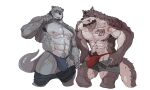  2022 abdominal_scar abs anthro arm_tattoo armpit_hair augar_(augarrwoof) beard biceps black_beard blue_clothing blue_thong blue_underwear body_hair bottomwear canid canine canis chest_scar chest_tattoo clothed clothing clothing_lift duo eyewear facial_hair fur glasses grey_body grey_fur grey_hair hair happy_trail hi_res light_body light_fur looking_at_viewer male mammal muscular_thighs mustelid nipples obliques otter partially_clothed pecs pubes red_clothing red_thong red_underwear rybiok scar shirt shirt_lift shorts shorts_down tattoo thong tongue tongue_out topwear unbuttoned_pants underwear vein veiny_muscles viktor_(storiaxion) wolf 