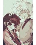  1boy 1other affectionate blunt_bangs creepy_eyes dual_persona emoticon enoki_(gongindon) hair_ornament hairband happy headpat hollow_eyes hunter_x_hunter japanese_clothes killua_zoldyck long_sleeves male_child male_focus nanika_(hunter_x_hunter) short_hair siblings simple_background smile smiley_face spiked_hair white_hair 