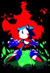  absurdres animal animal_ears blue_fur bootleg closed_mouth confused forest gloves grass hedgehog highres nature on_grass red_footwear sir_koi sonic_(series) sonic_the_hedgehog tree white_gloves 