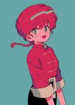  1girl artist_name blue_background blue_eyes blush_stickers braid braided_ponytail breasts hair_between_eyes happy highres menma_(enaic31) open_mouth ranma-chan ranma_1/2 red_hair simple_background solo twitter_username 