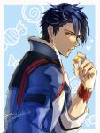  1boy black_hair candy coat curtained_hair earrings eiyuu_densetsu food hair_between_eyes highres holding holding_candy holding_food jewelry kuro_no_kiseki looking_at_viewer mikamikiseki solo twitter_username van_arkride wristband 