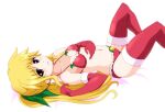  1girl azumaya_hironaru bikini blonde_hair blush breasts christmas cleavage elbow_gloves fate_testarossa gloves hair_ribbon large_breasts long_hair looking_at_viewer lyrical_nanoha mahou_shoujo_lyrical_nanoha_strikers navel open_mouth red_eyes red_gloves red_thighhighs ribbon santa_bikini simple_background solo swimsuit thighhighs white_background 