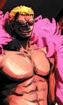  1boy :q abs bare_pectorals blonde_hair coat donquixote_doflamingo feather_coat large_pectorals male_focus muscular muscular_male one_piece open_clothes pectorals pink_coat shirt short_hair smile solo sunglasses tako_(tako_yaki111) tongue tongue_out upper_body white-framed_eyewear 