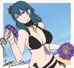  1girl bare_arms bare_shoulders bikini black_bikini black_choker blue_eyes blue_hair blue_sky border breasts byleth_(female)_(fire_emblem) byleth_(female)_(summer)_(fire_emblem) byleth_(fire_emblem) choker cleavage cm_lynarc commentary day fire_emblem fire_emblem:_three_houses fire_emblem_heroes flower grey_border hair_flower hair_ornament hand_up holding long_hair looking_at_viewer navel outside_border red_flower sketch sky solo stomach swimsuit upper_body 