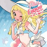  1girl ;d bare_arms blonde_hair blush braid eyelashes green_eyes hands_up happy hat hat_ribbon heart highres kinocopro lillie_(pokemon) long_hair lower_teeth_only milestone_celebration navel one_eye_closed open_mouth pokemon pokemon_(anime) pokemon_sm_(anime) ribbon smile solo sun_hat swimsuit teeth thank_you twin_braids white_headwear 