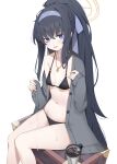  1girl bare_shoulders bikini black_bikini black_hair blue_archive blue_eyes breasts cup embarrassed grey_jacket hair_ribbon hairband halo halterneck highres hukahire0120 jacket jewelry long_hair long_sleeves looking_at_viewer mug navel necklace no_pants o-ring o-ring_bikini off_shoulder official_alternate_costume open_clothes open_jacket open_mouth ponytail ribbon sidelocks simple_background sitting small_breasts solo stomach string_bikini swimsuit thighs ui_(blue_archive) ui_(swimsuit)_(blue_archive) very_long_hair wet white_background 