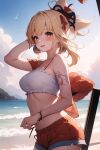  ai-generated bikini blonde_hair breasts genshin_impact highres ponytail summer swimsuit white_bikini yoimiya_(genshin_impact) 