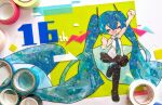  1girl :3 absurdly_long_hair anniversary arm_up art_tools_in_frame black_footwear black_skirt blue_hair blue_necktie boots clenched_hands closed_eyes collared_shirt commentary_request facing_viewer hatsune_miku hatsune_miku_happy_16th_birthday_-dear_creators- highres long_hair masking_tape necktie no_detached_sleeves open_mouth patterned_clothing patterned_hair raised_fist shirt skirt sleeveless sleeveless_shirt smile solo standing standing_on_one_leg tako_to_tori thigh_boots twintails v-shaped_eyebrows very_long_hair vocaloid white_shirt 