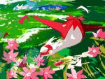  animal_focus commentary_request day dragon english_text flower full_body gracidea grass green_eyes highres latias latios looking_at_another no_humans outdoors petals pink_flower pokemon pokemon_(creature) shaymin shaymin_(land) yellow_eyes zen_(koko) 