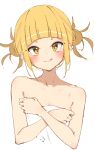  1girl :q bare_shoulders blonde_hair blunt_bangs blush boku_no_hero_academia breasts close-up closed_mouth covering covering_breasts crossed_arms double_bun hair_bun hair_strand hair_up hands_on_own_breasts head_tilt highres looking_at_viewer messy_hair naked_towel rasusurasu sidelocks simple_background slit_pupils small_breasts smile solo toga_himiko tongue tongue_out towel upper_body white_background yellow_eyes 