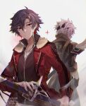  2boys ahoge back-to-back black_hair coat crow_armbrust dated double-parted_bangs eiyuu_densetsu fur_collar gloves hair_between_eyes headband holding holding_sword holding_weapon jewelry katana looking_at_viewer multiple_boys necklace pommel_tassel rean_schwarzer red_eyes sen_no_kiseki sen_no_kiseki_ii short_hair sleeves_rolled_up smile sword tassel twitter_username weapon white_hair youmicitrustea 