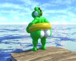  2022 3d_(artwork) albalbalb anthro big_butt big_nose blue_sky butt digital_media_(artwork) dinosaur exposed_butt green_body green_skin green_yoshi hi_res holding_inner_tube humanoid inflatable inner_tube looking_down male mario_bros nintendo nude pier rear_view reptile scalie sea sky solo tail thick_thighs water yoshi 