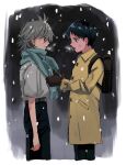  2boys a12740807 backpack bag belt black_hair black_pants brown_belt grey_hair ikari_shinji multiple_boys nagisa_kaworu neon_genesis_evangelion open_mouth pants scarf school_uniform short_hair snow standing tokyo-3_middle_school_uniform 