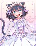  animal_humanoid black_hair blue_eyes blush breasts cat_humanoid clothing cyan_hijirikawa domestic_cat dress fangs felid felid_humanoid feline feline_humanoid felis female hair happy_birthday humanoid maid_headdress mammal mammal_humanoid open_mouth sanrio short_hair show_by_rock!! simple_background solo teeth yuzuyu1515 