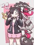  :p ;p absurdres ahegao asymmetrical_bangs black_choker black_jacket breasts choker domaguri dress earrings galarian_linoone green_eyes hair_ribbon highres index_fingers_raised jacket jewelry korean_commentary korean_text marnie_(pokemon) medium_hair mixed-language_commentary morpeko multicolored_background obstagoon one_eye_closed open_clothes open_jacket outline pink_dress pointing pointing_at_self pokemon pokemon_(creature) pokemon_(game) pokemon_swsh red_ribbon ribbon small_breasts star_(symbol) tongue tongue_out twintails 