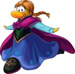  absurd_res anna_(frozen) avian bird black_clothing black_footwear black_topwear black_vest blue_bottomwear blue_clothing blue_shirt blue_skirt blue_topwear bottomwear braided_pigtails brown_hair clothing club_penguin crossover female footwear full-length_portrait hair hi_res long_hair looking_at_viewer official_art open_mouth penguin portrait purple_cape shirt shoes skirt solo topwear unknown_artist upper_teeth_only vest 