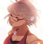  1girl breasts closed_eyes fate/grand_order fate_(series) floating_hair glasses grey_hair highres hiyayaako large_breasts short_hair smile white_background 