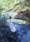  1girl bamboo black_hair dress forest from_side grass illumi999 looking_down nature original outdoors partially_submerged purple_dress signature sleeveless sleeveless_dress solo stream sunlight tree water 