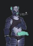  bastionshadowpaw belly_nipples bracelet clothing furry genitals hi_res hyena jewelry knot koda_(disambiguation) male mammal penis spiked_bracelet spikes tight_clothing 