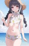  1girl absurdres akagi_koku bikini black_hair blue_archive blue_sky blurry braid cloud cloudy_sky collarbone commentary_request depth_of_field hair_between_eyes halo hat highres horizon long_hair looking_at_viewer low_twin_braids low_twintails miyu_(blue_archive) miyu_(swimsuit)_(blue_archive) navel ocean official_alternate_costume official_alternate_hairstyle print_bikini red_eyes sidelocks sky sleeveless solo spaghetti_strap stomach straw_hat sun_hat swimsuit twin_braids twintails white_bikini 