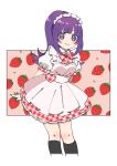  1girl apron arms_behind_back black_socks blunt_bangs blush bow bowtie breasts closed_mouth collared_dress commentary_request cropped_legs dress food frilled_apron frilled_dress frills fruit hachimu_yan hanazono_shuuka heart highres idol_time_pripara kneehighs long_hair looking_at_viewer maid maid_headdress medium_breasts plaid plaid_bow plaid_dress ponytail pretty_(series) pripara puffy_short_sleeves puffy_sleeves purple_eyes purple_hair red_bow red_bowtie red_dress short_sleeves smile socks solo standing strawberry white_apron 