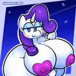 2023 alexdraws anthro big_breasts blue_eyes breasts cutie_mark equid equine female friendship_is_magic hair hasbro hi_res horn huge_breasts looking_at_viewer makeup mammal my_little_pony nipple_tape nude pasties purple_hair rarity_(mlp) simple_background solo tape thick_thighs unicorn white_body 