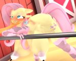  3d_(artwork) anthro anthrofied bent_over big_breasts blush bodily_fluids breast_milking breasts clothing digital_media_(artwork) equid equine female fluttershy_(mlp) friendship_is_magic hasbro hi_res huge_breasts lactating legwear mammal my_little_pony purplefondue thigh_highs 