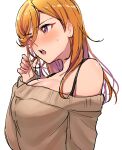  1girl arm_up blush bra_strap breasts brown_sweater cleavage embarrassed fingernails hair_between_eyes highres love_live! love_live!_superstar!! medium_breasts medium_hair mei_hinamatsu off-shoulder_sweater off_shoulder open_mouth orange_hair purple_eyes shibuya_kanon solo sweatdrop sweater teeth tight_clothes upper_teeth_only white_background 