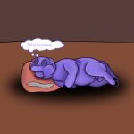  baby_talk balls bodily_fluids crying cuddlybloodily drop_shadow english_text eyes_closed feral fluffy_pony fur genitals hi_res male penis pillow purple_body purple_fur sid_(fluffy_pony) simple_background solo tears text thought_bubble 