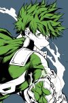  1boy blue_background bodysuit boku_no_hero_academia bright_pupils chiyaya dutch_angle freckles from_side furrowed_brow gloves green_bodysuit green_eyes green_gloves green_hair green_theme hands_up high_contrast highres limited_palette looking_back male_focus midoriya_izuku parted_lips profile serious short_hair simple_background smoke solo turning_head upper_body v-shaped_eyebrows 