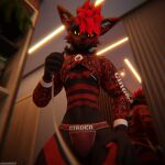  1:1 3d_(artwork) absurd_res anthro bedroom biped black_body black_clothing blender_(software) blender_cycles bulge canid canine chain chain_leash claws clothed clothing collar digital_media_(artwork) dominant dragonplayer fangs first_person_view fox fur furniture hair hand_on_leg hand_on_thigh hi_res hoodie inside jockstrap leash leash_pull leashed_collar looking_at_viewer looking_down low-angle_view male mammal mirror mirror_reflection multicolored_body pawpads paws pupils red_body red_clothing reflection rexouium slim slim_anthro slim_male slit_pupils smile solo teeth tight_clothing topwear underwear yellow_eyes 