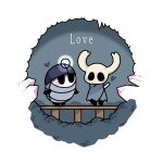  1girl 1other arthropod_girl black_eyes blank_eyes blush blush_stickers border cave chibi commentary english_text eye_contact full_body grey_cloak headlamp heart hollow_knight knight_(hollow_knight) looking_at_another myla_(hollow_knight) nail_(hollow_knight) pink_gemstone round_image sakana_2-gou standing weapon weapon_on_back white_border 