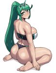  1girl ass bare_shoulders barefoot blush breasts circlet commission donburi_(donburikazoku) from_above from_behind green_eyes green_hair highres large_breasts long_hair looking_at_viewer looking_back pneuma_(xenoblade) ponytail sideboob solo strapless thong tube_top very_long_hair xenoblade_chronicles_(series) xenoblade_chronicles_2 