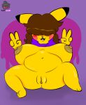  anthro areola big_breasts breasts clothed clothing female fur generation_1_pokemon genitals gesture hair hi_res looking_at_viewer nintendo nipples open_mouth pikachu pokemon pokemon_(species) pussy short_stack simple_background smile solo tongue tuffthecat v_sign volta_(pikaboobs) yellow_body yellow_fur 