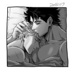  2016 2boys bed blush charai_(withoutyou222) closed_eyes commentary_request couple dated dio_brando indoors jojo_no_kimyou_na_bouken jonathan_joestar kissing_hair lying male_focus monochrome multiple_boys muscular muscular_male on_bed pectorals phantom_blood pillow short_hair yaoi 