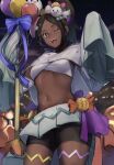  1girl ;d black_shorts brown_hair candy_hair_ornament dark-skinned_female dark_skin fire_emblem fire_emblem_engage fire_emblem_heroes food-themed_hair_ornament ghost_hair_ornament hair_ornament halloween_costume high_ponytail highres long_sleeves looking_at_viewer midriff navel night night_sky official_alternate_costume one_eye_closed open_mouth ponytail red_eyes seinikuten shorts shorts_under_skirt sky sleeves_past_fingers sleeves_past_wrists smile solo star-shaped_pupils star_(symbol) symbol-shaped_pupils teeth timerra_(fire_emblem) timerra_(halloween)_(fire_emblem) upper_teeth_only wide_sleeves 