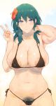  1girl areola_slip armpits bare_shoulders bikini black_bikini blue_eyes blue_hair blush breasts byleth_(female)_(fire_emblem) byleth_(female)_(summer)_(fire_emblem) byleth_(fire_emblem) cleavage collarbone female_pubic_hair fire_emblem fire_emblem:_three_houses fire_emblem_heroes flower hair_flower hair_ornament highres large_breasts laserflip looking_at_viewer medium_hair navel pubic_hair sidelocks smile solo sweat swimsuit thighs v 